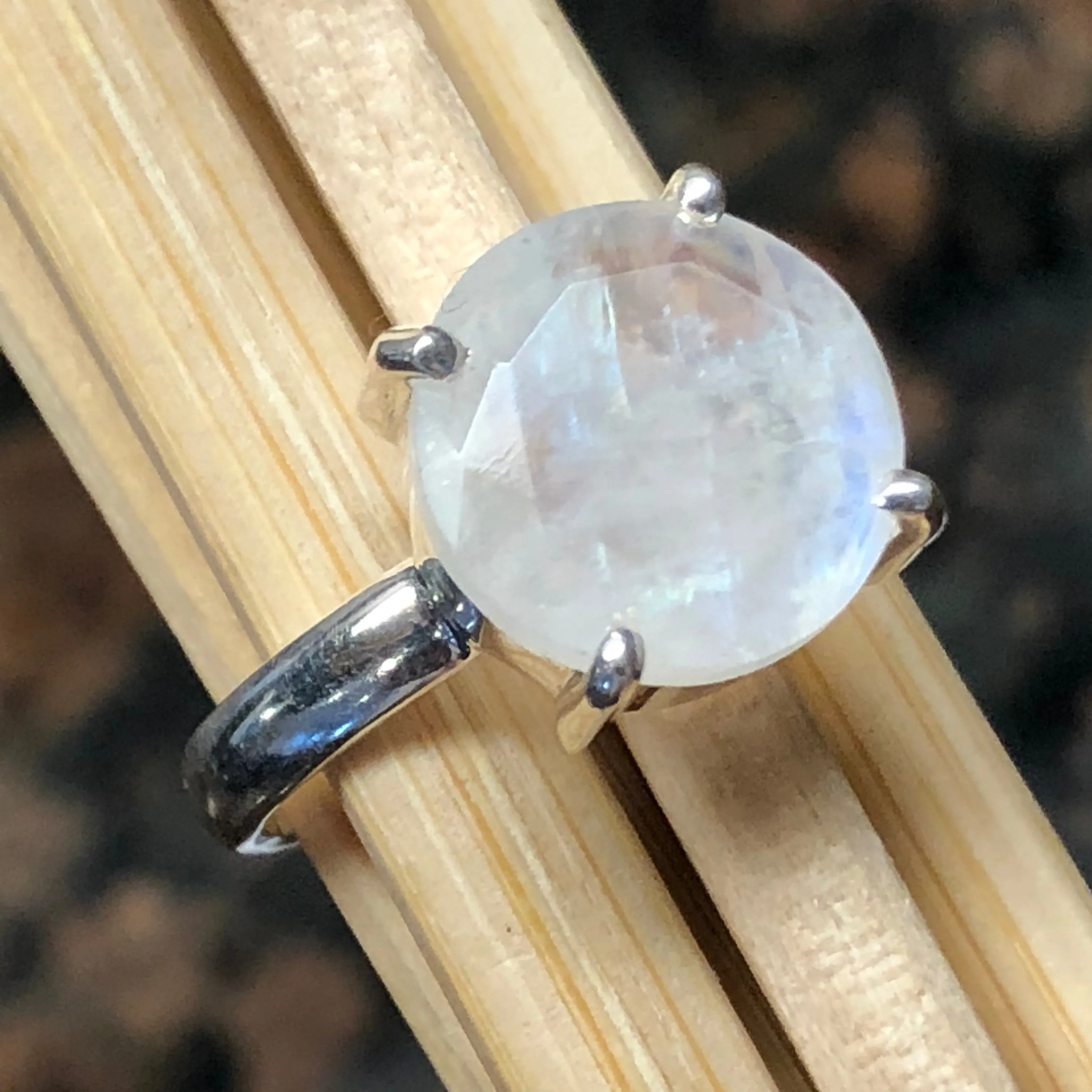 Natural Rainbow Moonstone 925 Solid Sterling Silver Ring Size 7, 7.5, 8