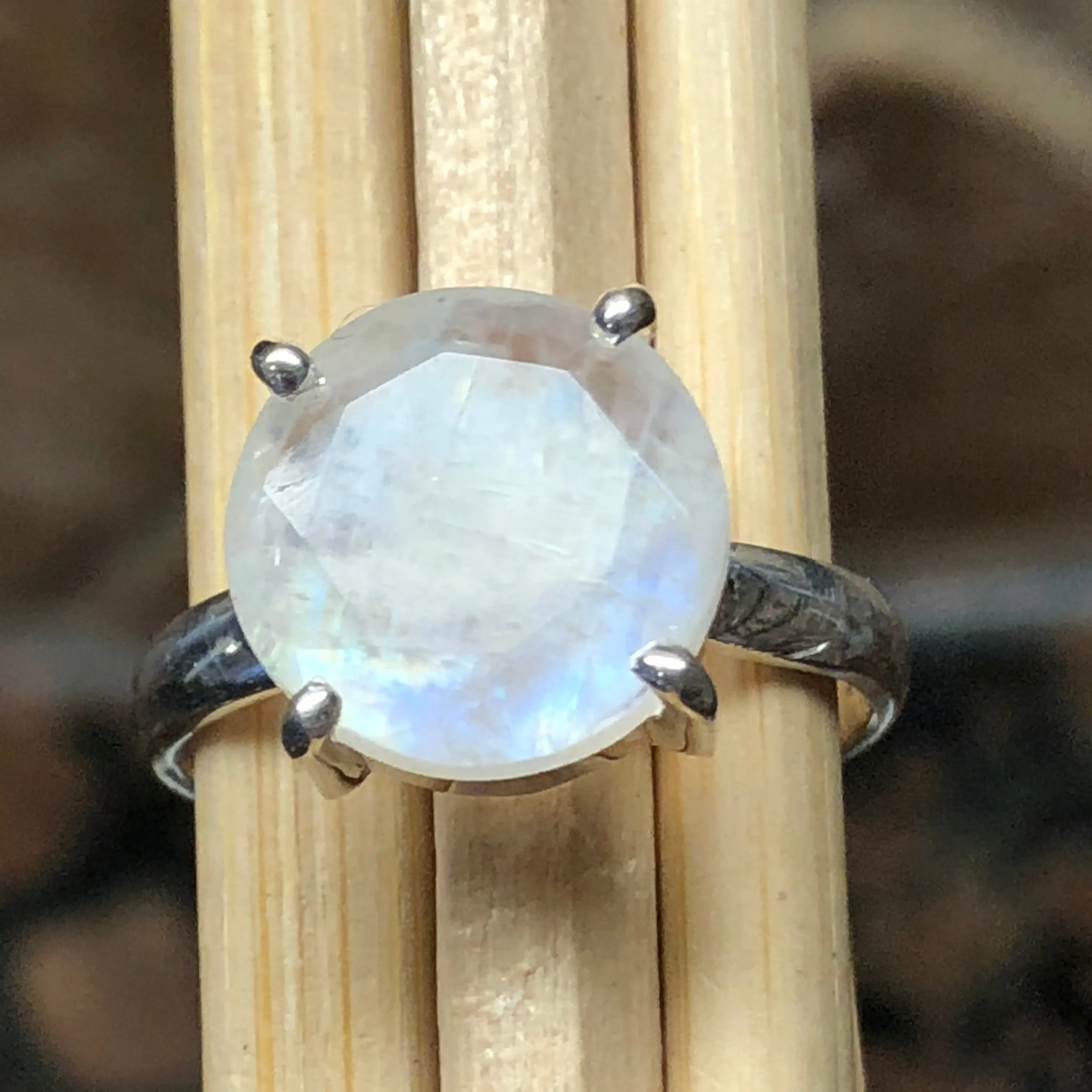Natural Rainbow Moonstone 925 Solid Sterling Silver Ring Size 7, 7.5, 8