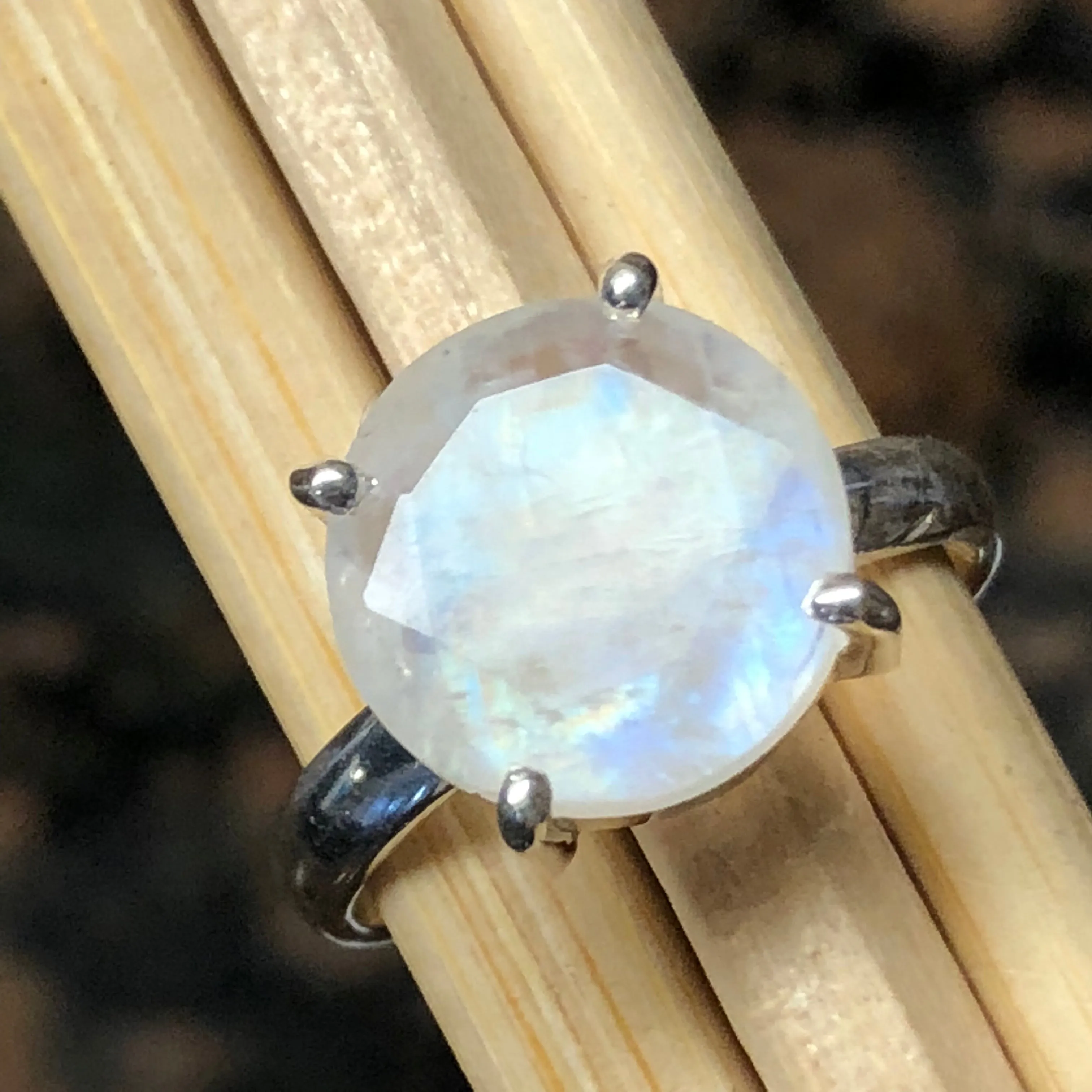 Natural Rainbow Moonstone 925 Solid Sterling Silver Ring Size 7, 7.5, 8
