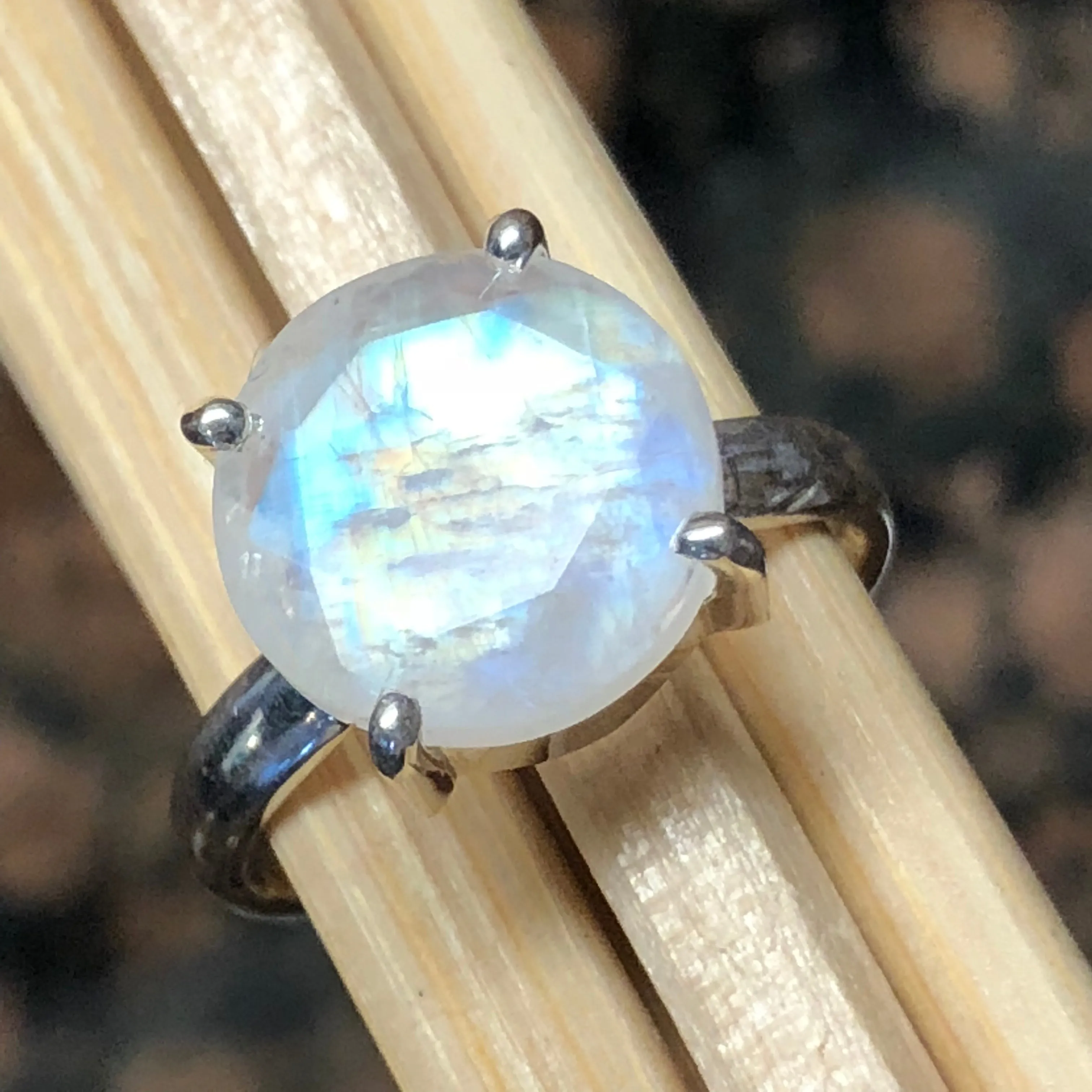 Natural Rainbow Moonstone 925 Solid Sterling Silver Ring Size 7, 7.5, 8