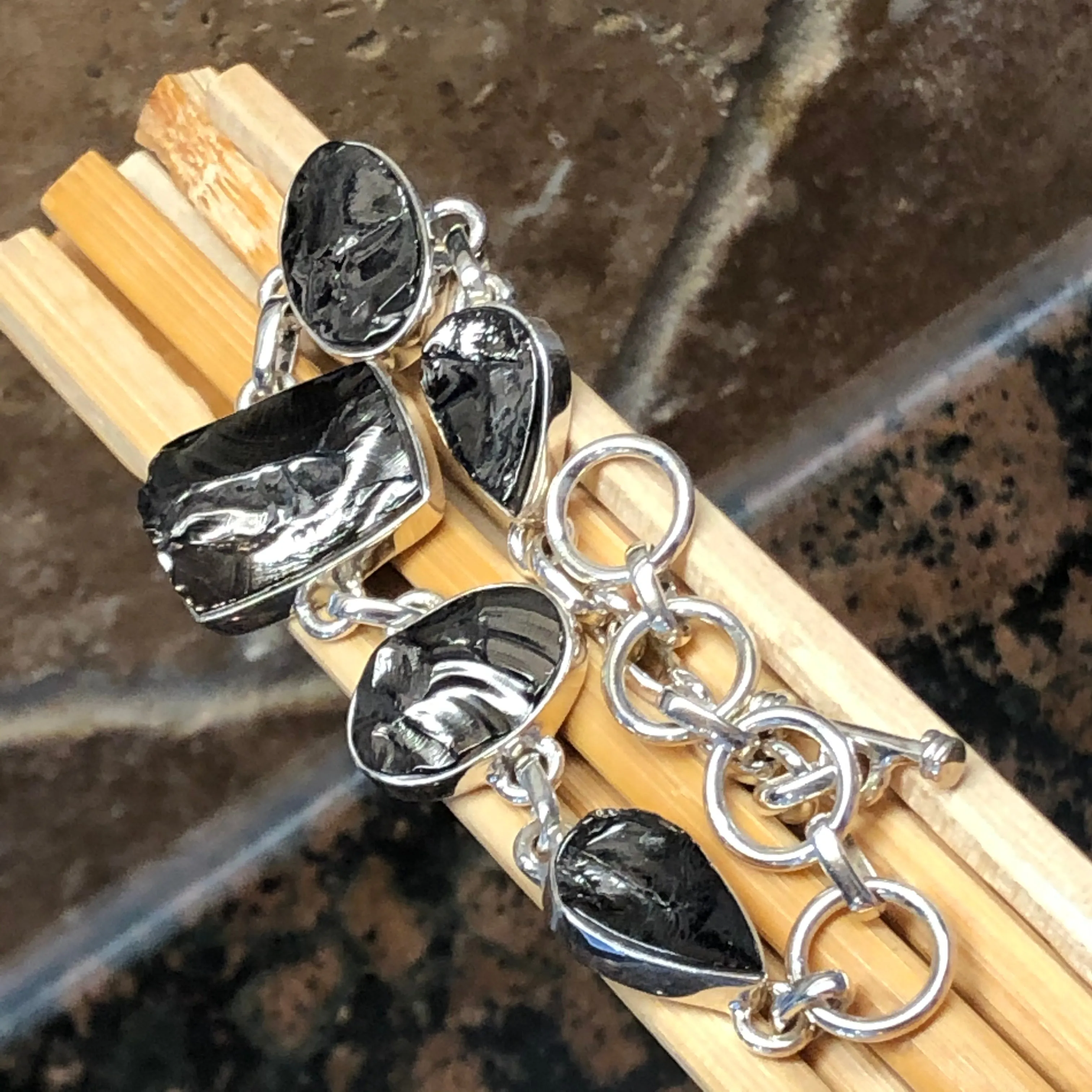Natural Shungite 925 Solid Sterling Silver Bracelets 7 inches