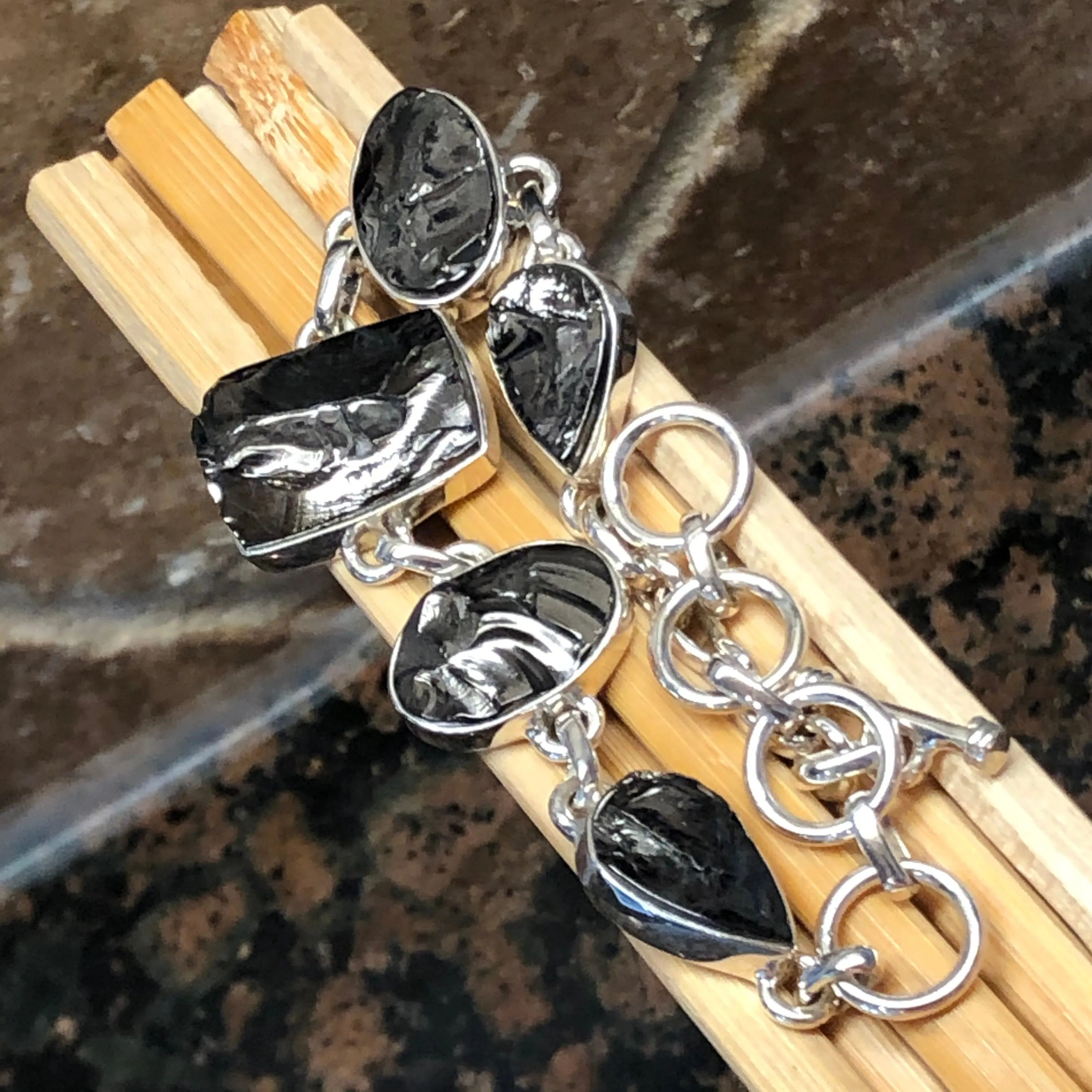 Natural Shungite 925 Solid Sterling Silver Bracelets 7 inches