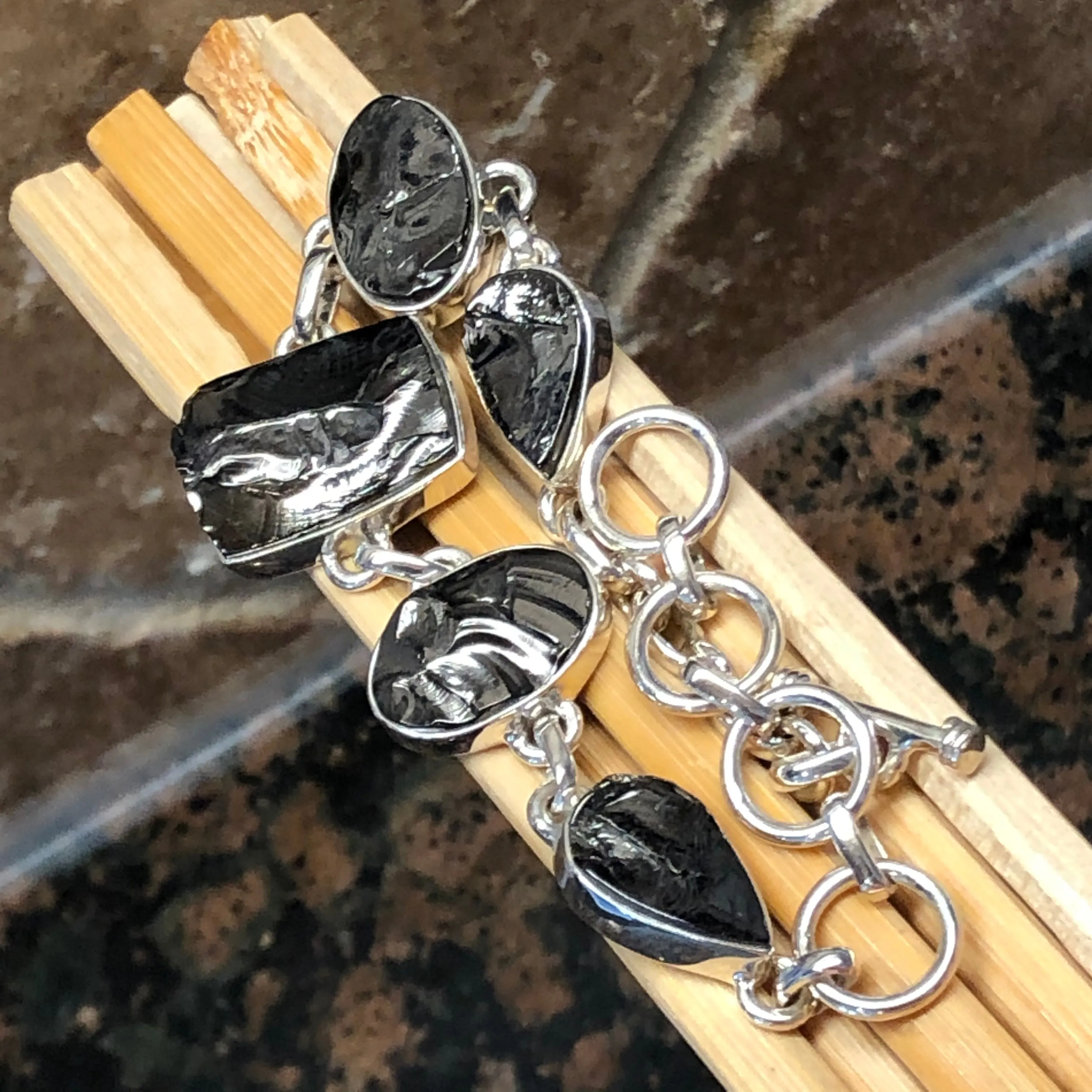 Natural Shungite 925 Solid Sterling Silver Bracelets 7 inches