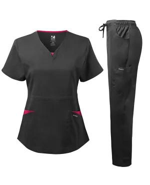 Natural Stretch Women's V-Neck Contrast Pocket Scrub Sets [NS2251]