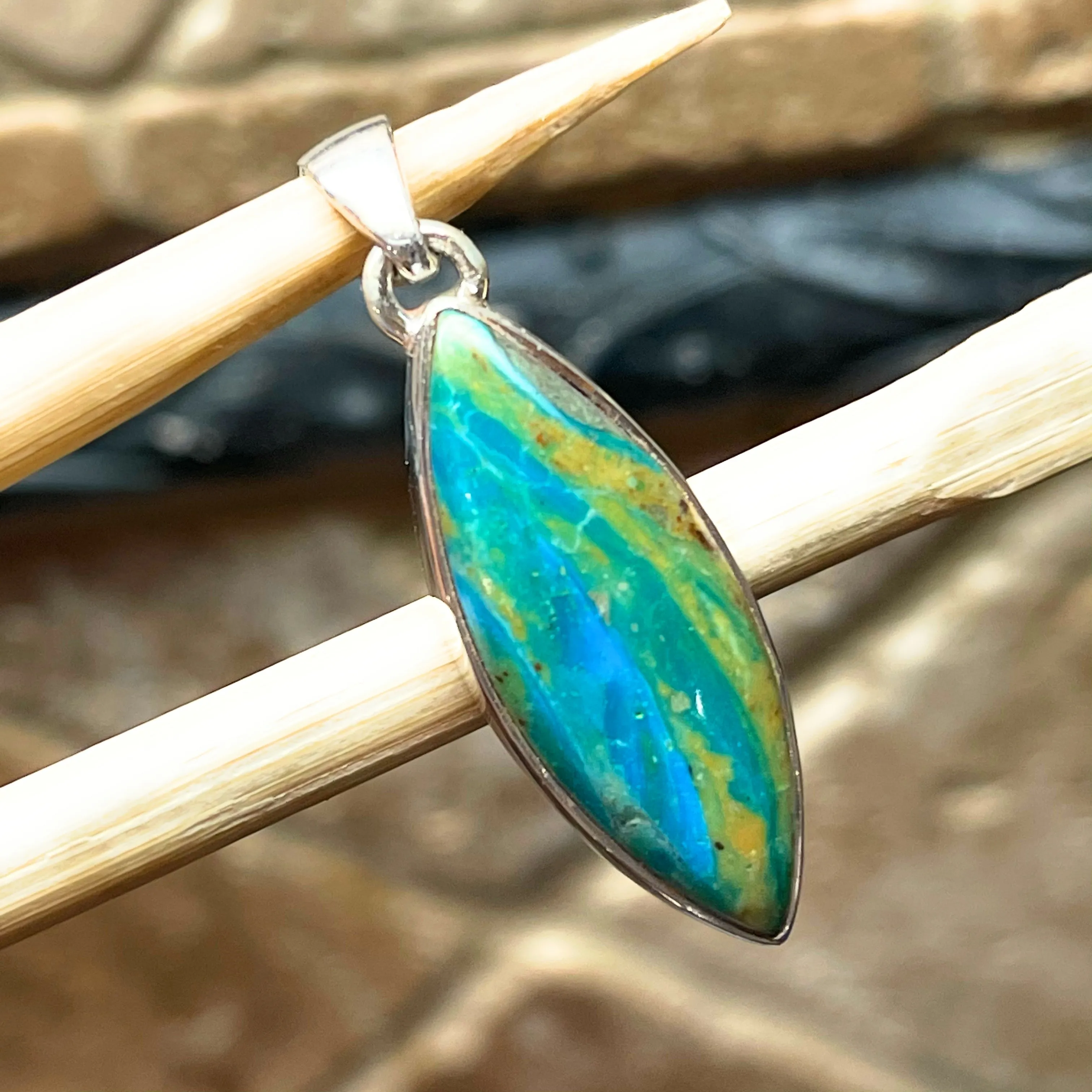 Natural Stunning Picture Blue Peruvian Opal 925 Sterling Silver Pendant 35mm