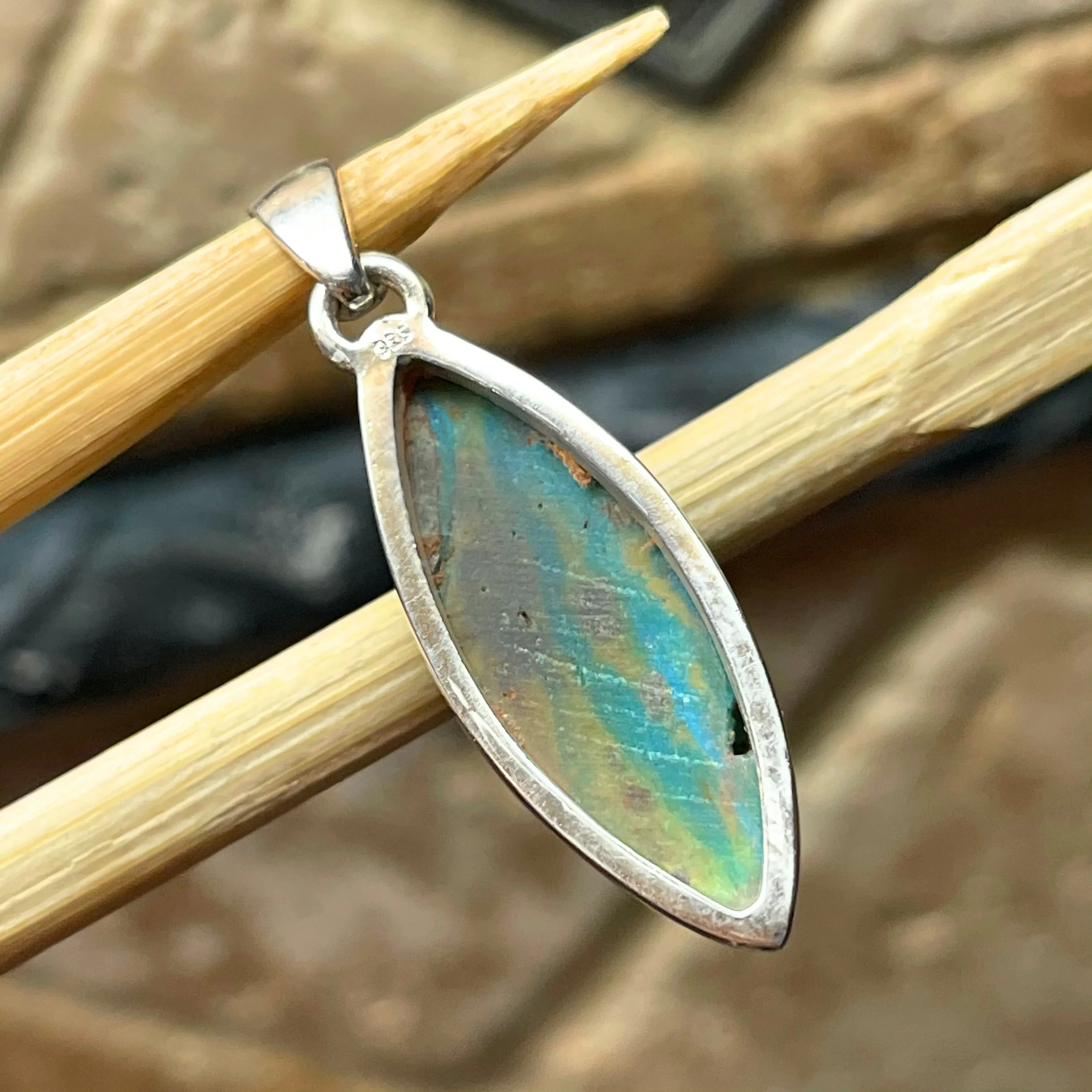 Natural Stunning Picture Blue Peruvian Opal 925 Sterling Silver Pendant 35mm
