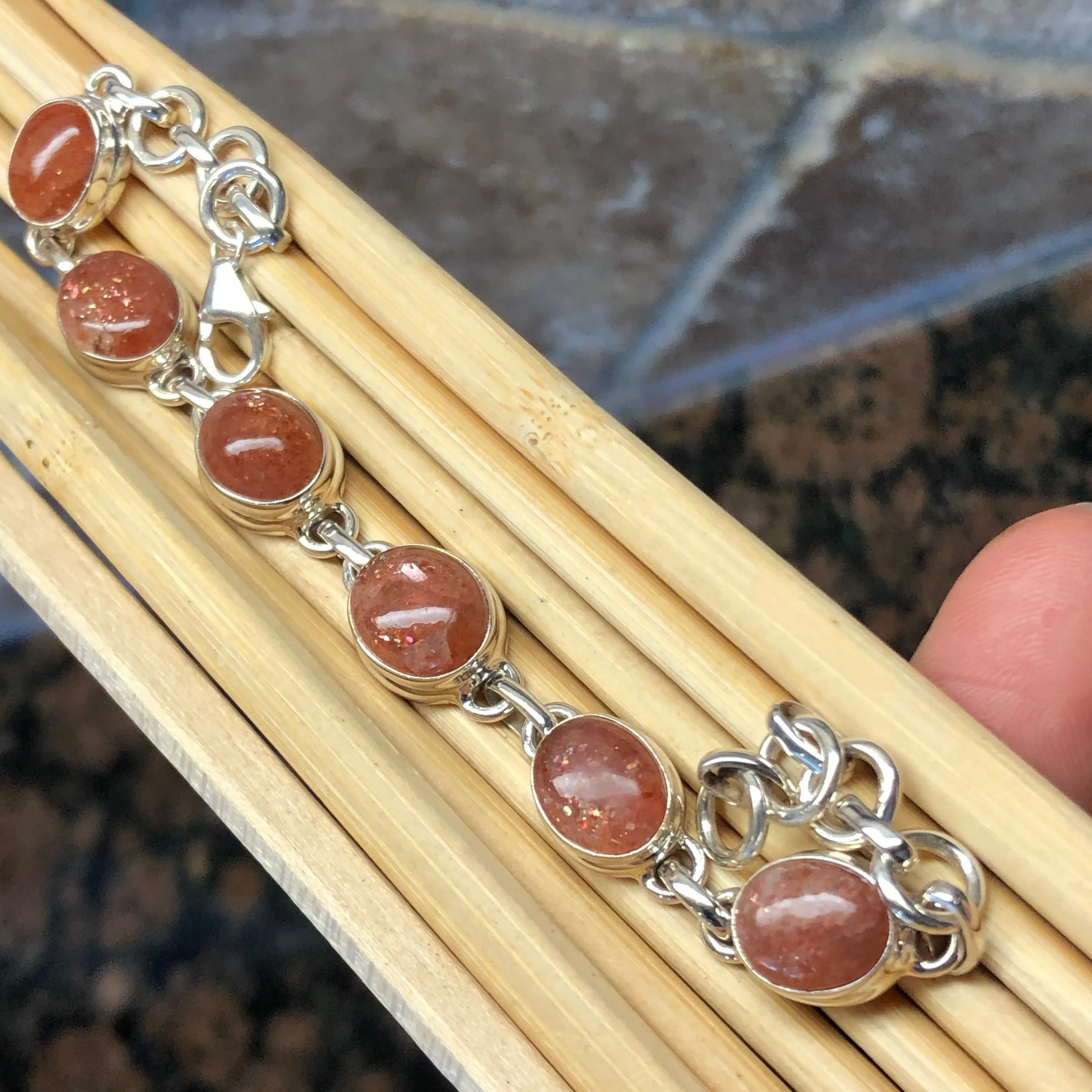 Natural Sunstone 925 Solid Sterling Silver Bracelets 7"