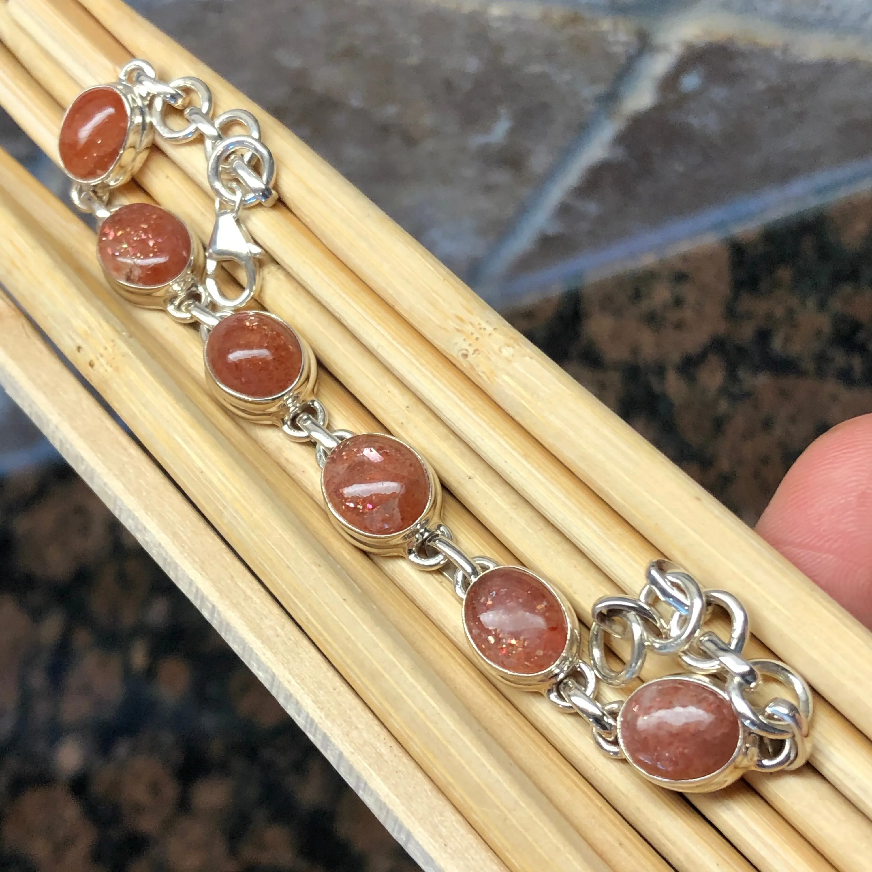 Natural Sunstone 925 Solid Sterling Silver Bracelets 7"