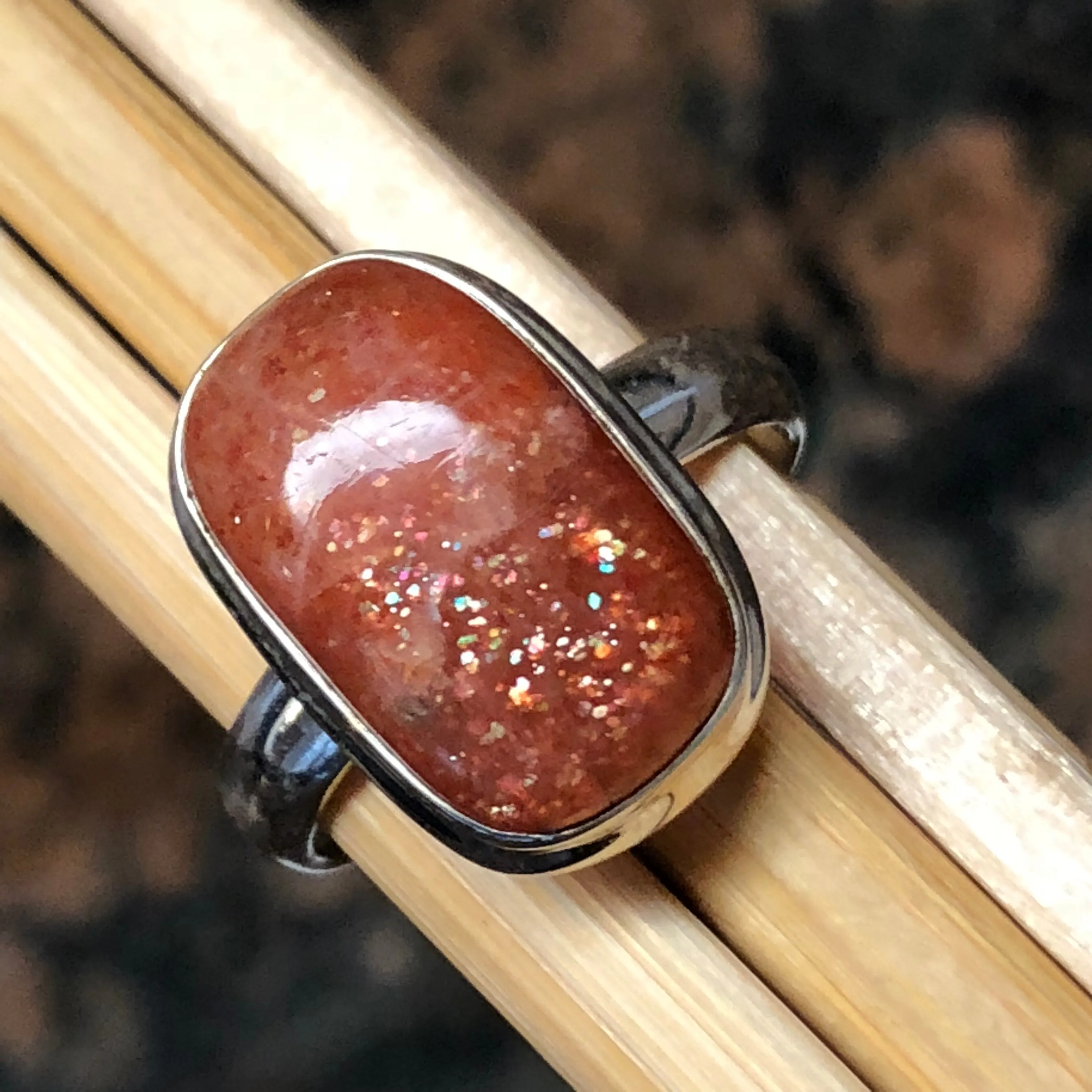 Natural Sunstone 925 Solid Sterling Silver Sparkling Ring Size 8.5