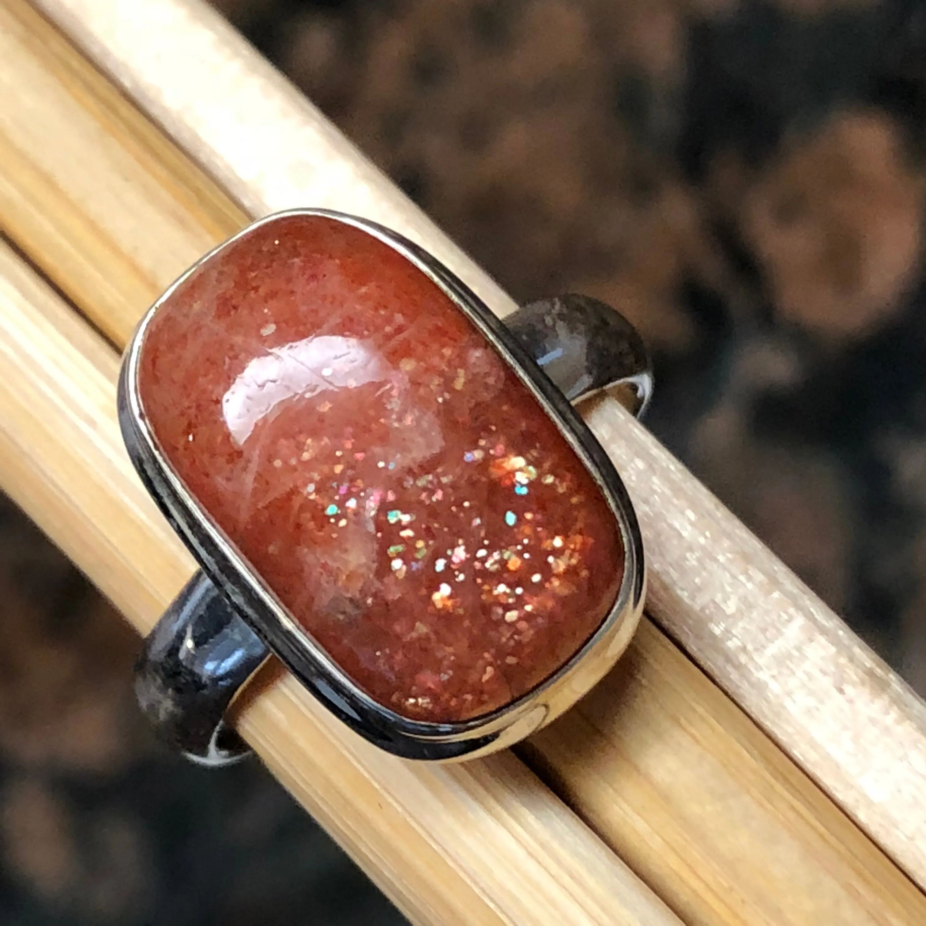 Natural Sunstone 925 Solid Sterling Silver Sparkling Ring Size 8.5