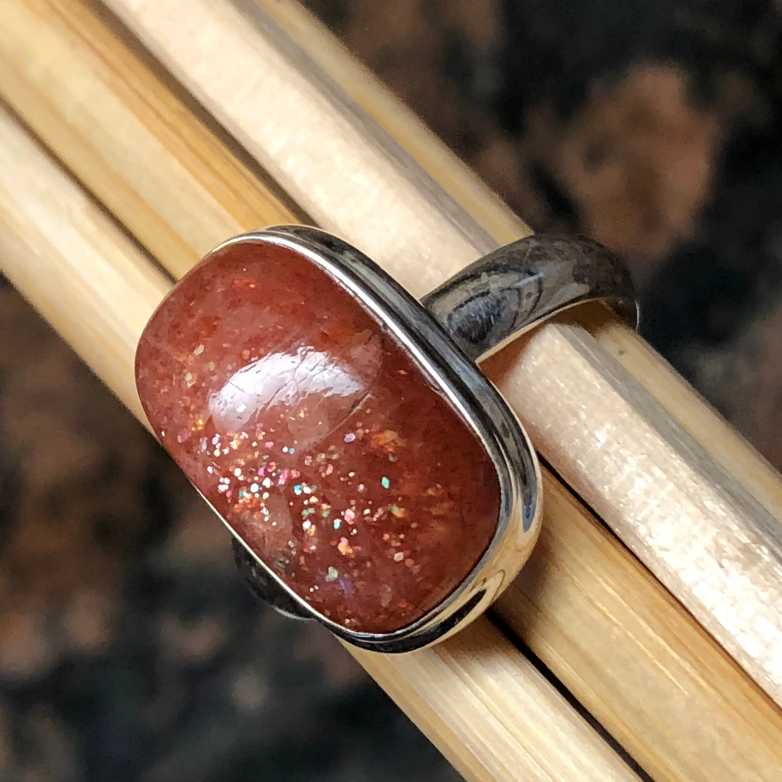 Natural Sunstone 925 Solid Sterling Silver Sparkling Ring Size 8.5