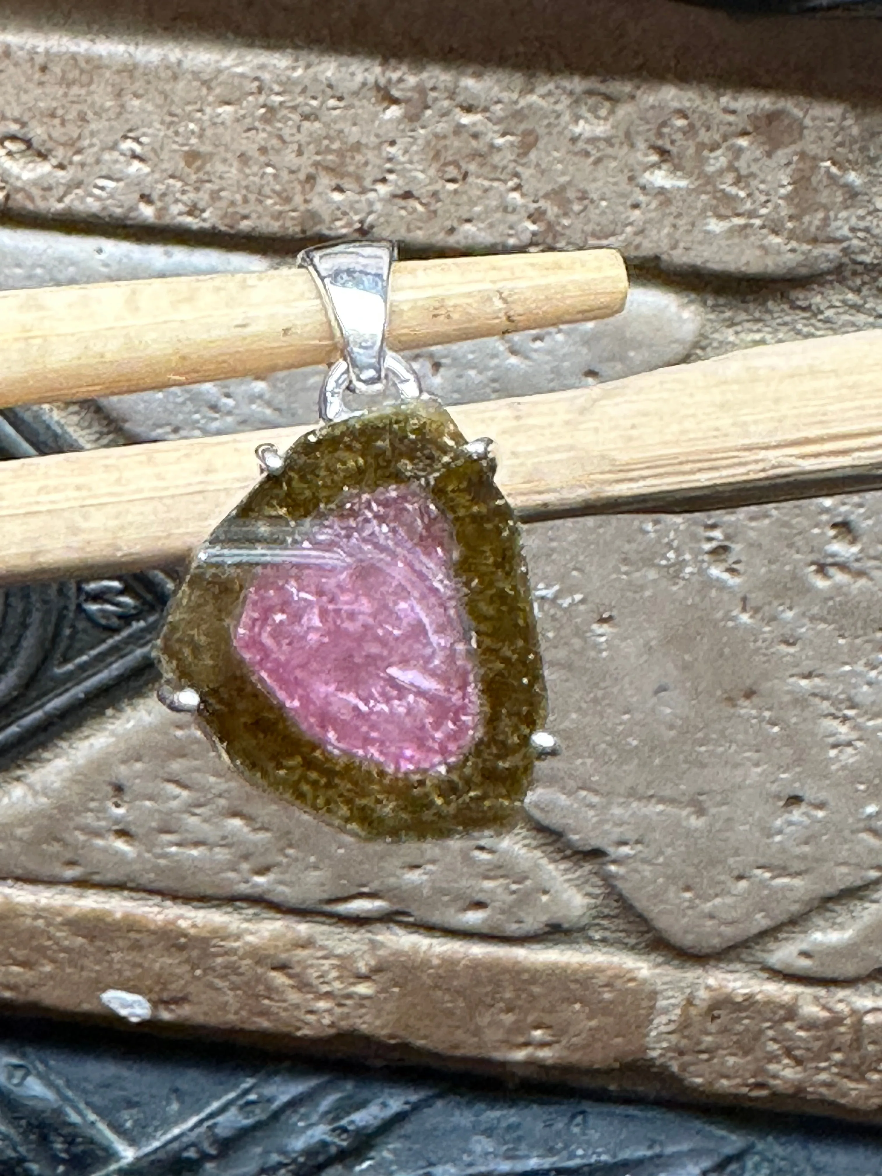 Natural Watermelon Tourmaline 925 Solid Sterling Silver Pendant 30mm