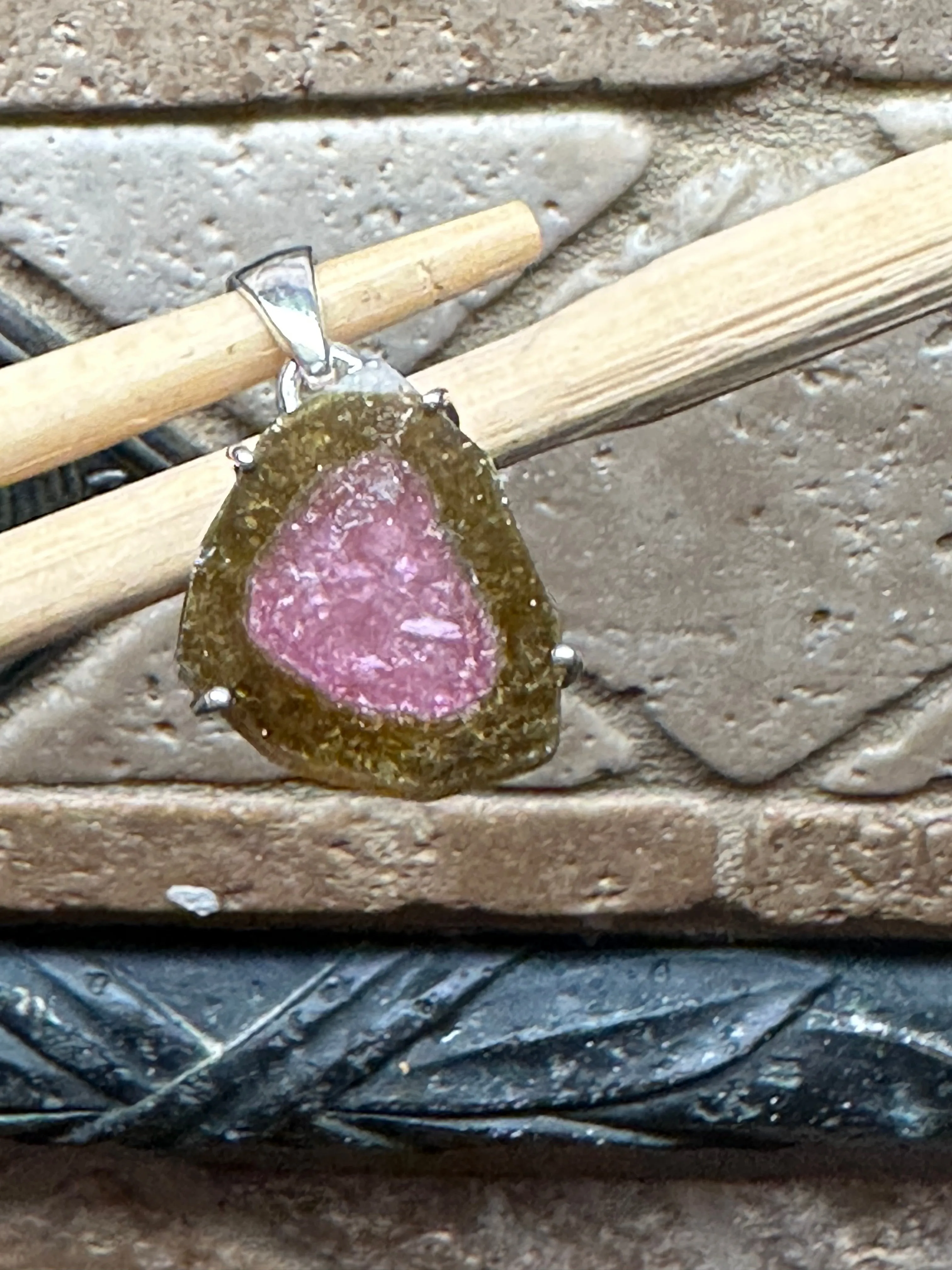 Natural Watermelon Tourmaline 925 Solid Sterling Silver Pendant 30mm