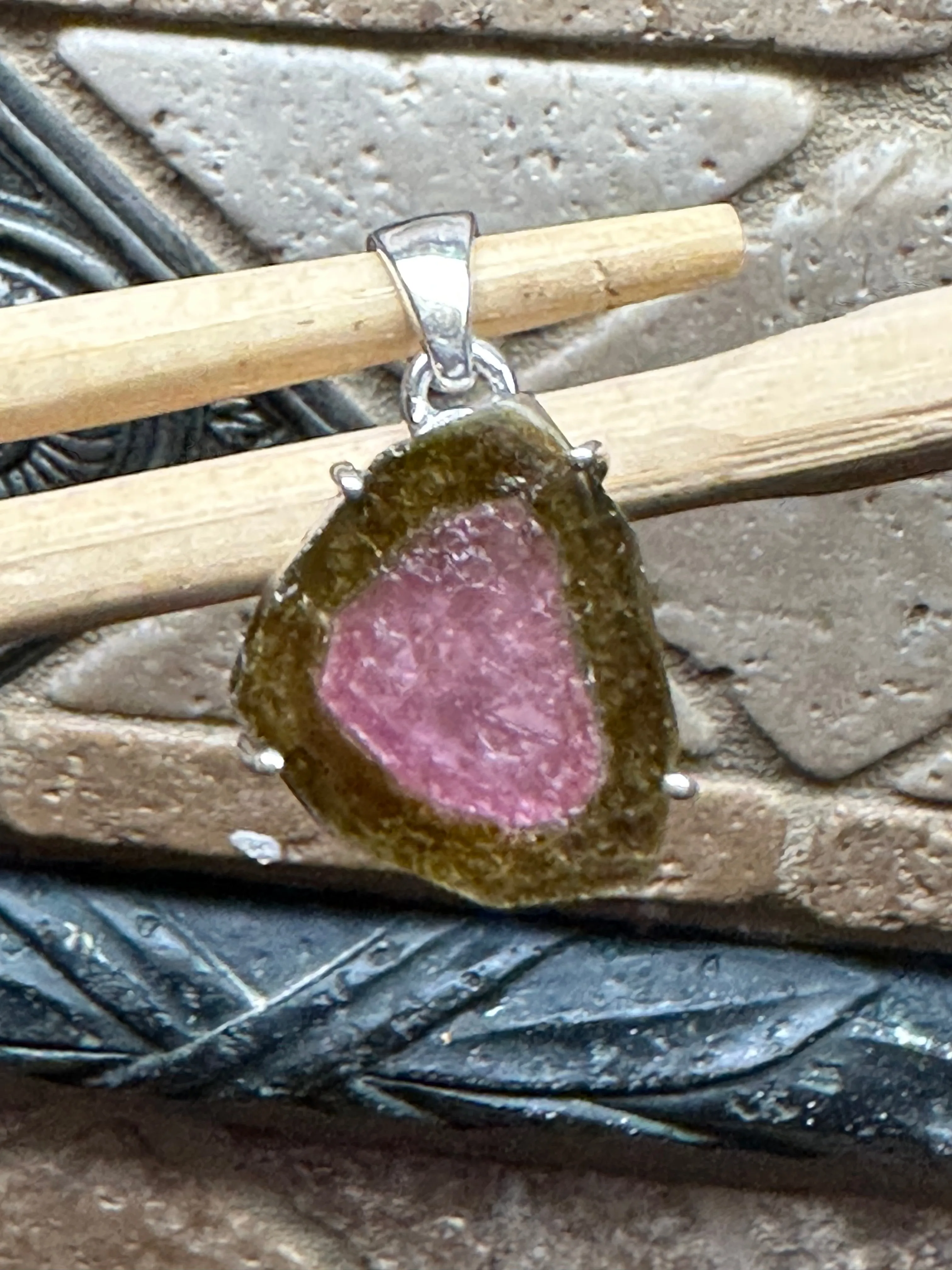 Natural Watermelon Tourmaline 925 Solid Sterling Silver Pendant 30mm