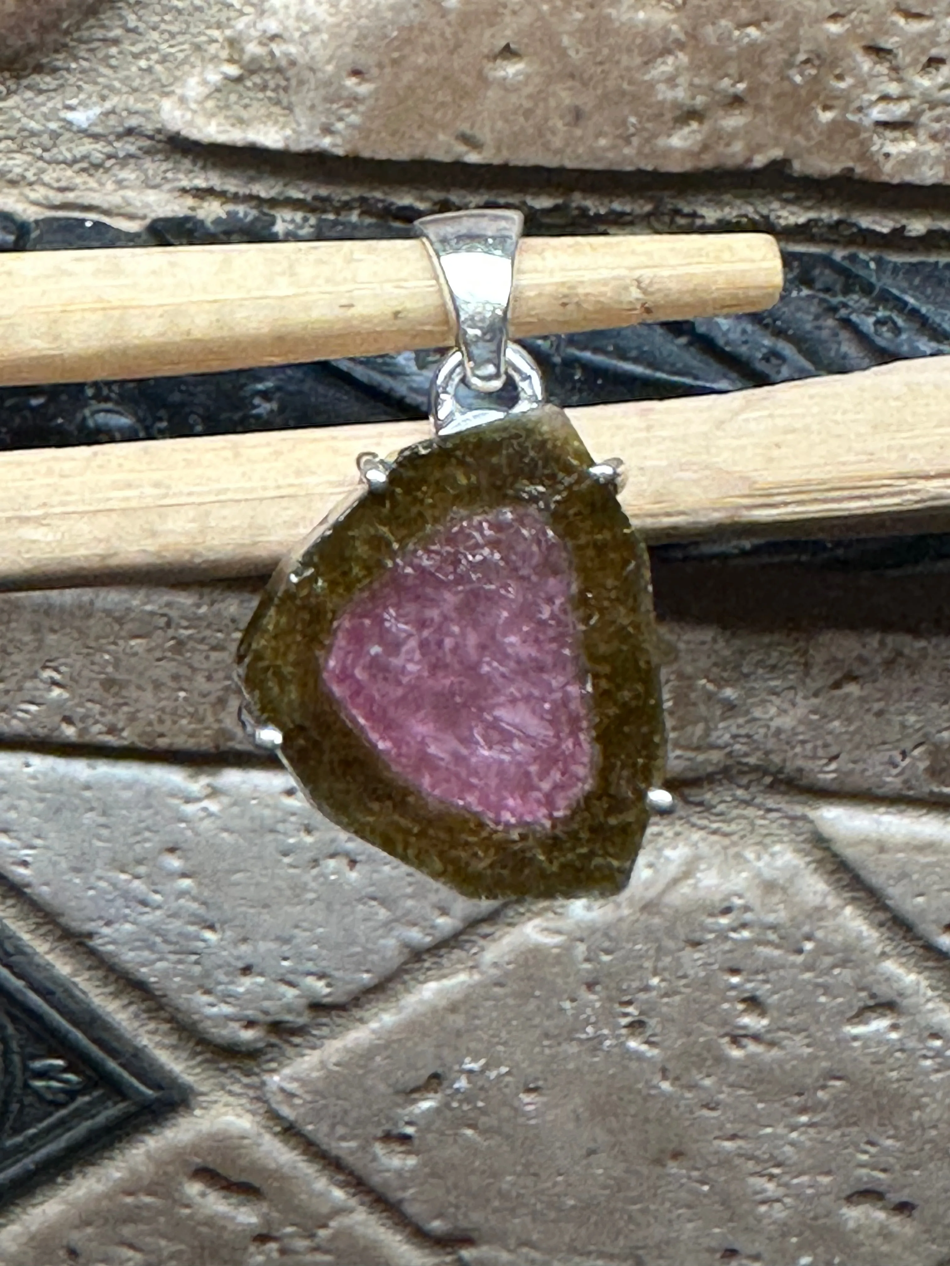 Natural Watermelon Tourmaline 925 Solid Sterling Silver Pendant 30mm