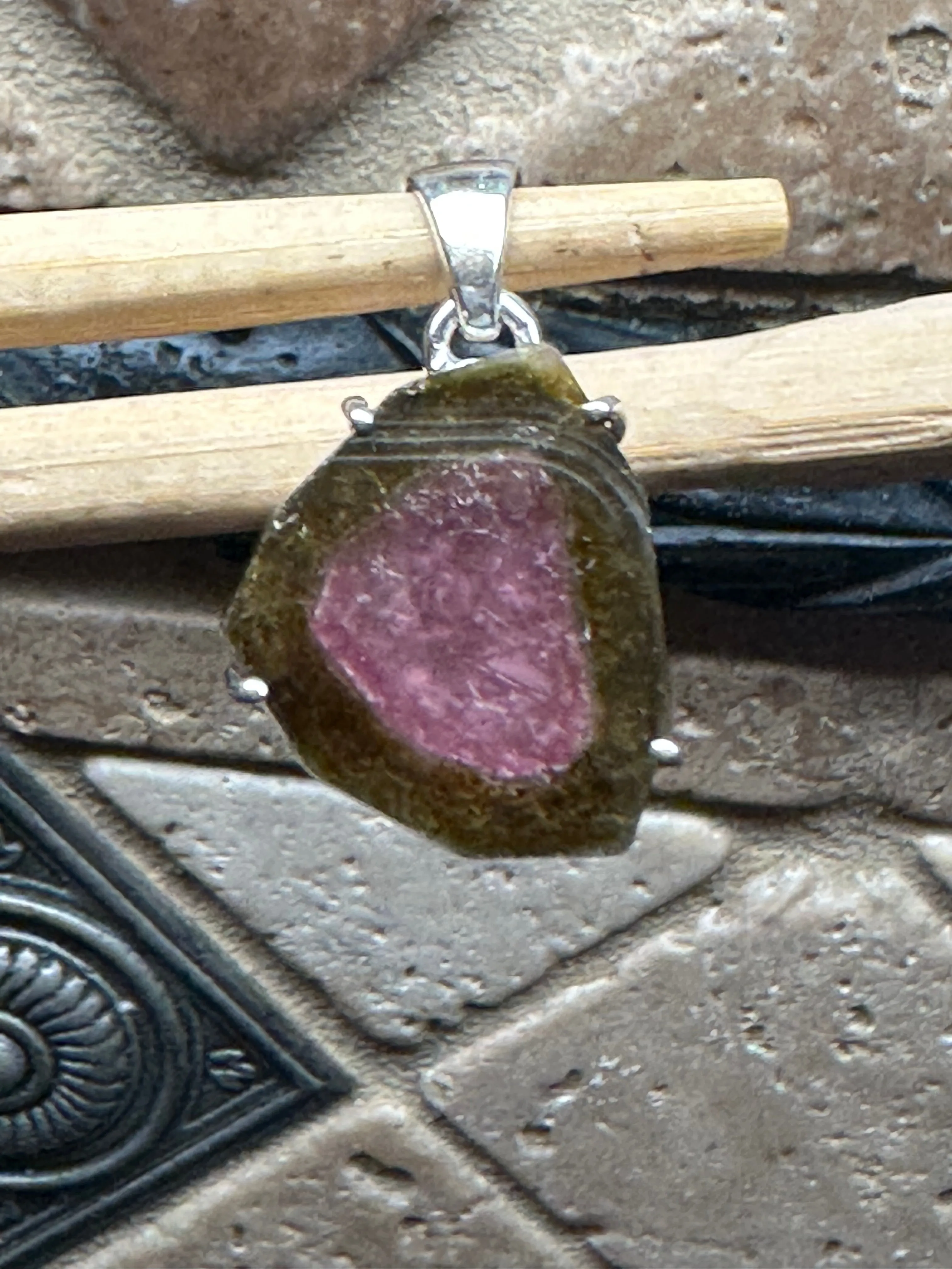 Natural Watermelon Tourmaline 925 Solid Sterling Silver Pendant 30mm