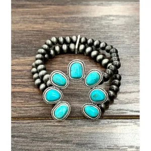 Navajo pearl stretch bracelet, squash blossom natural turquoise