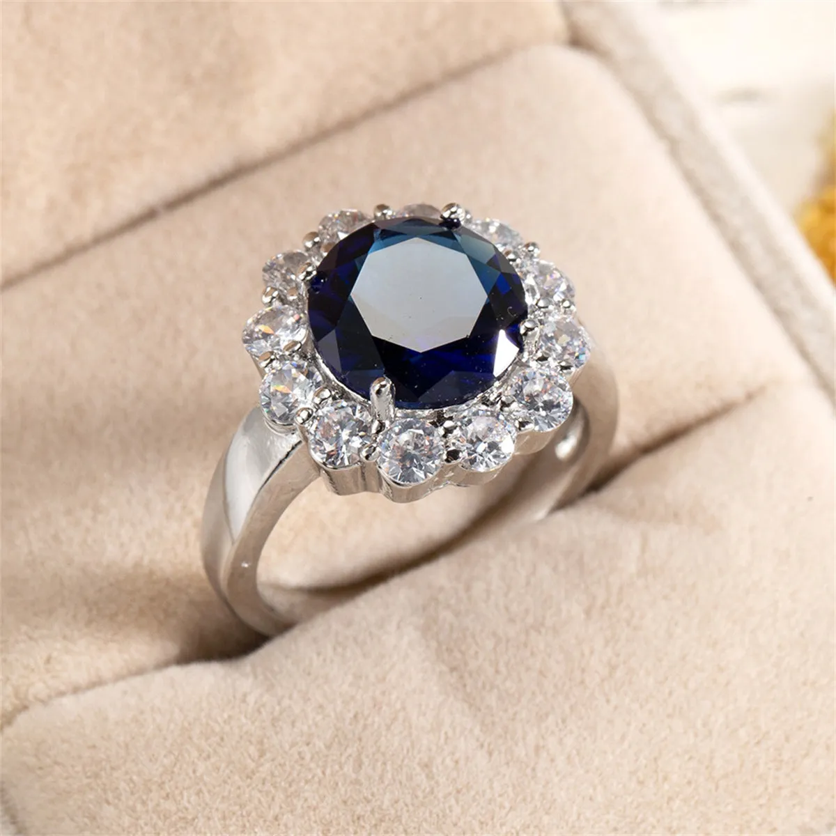 Navy Crystal & Cubic Zirconia Round-Cut Halo Ring