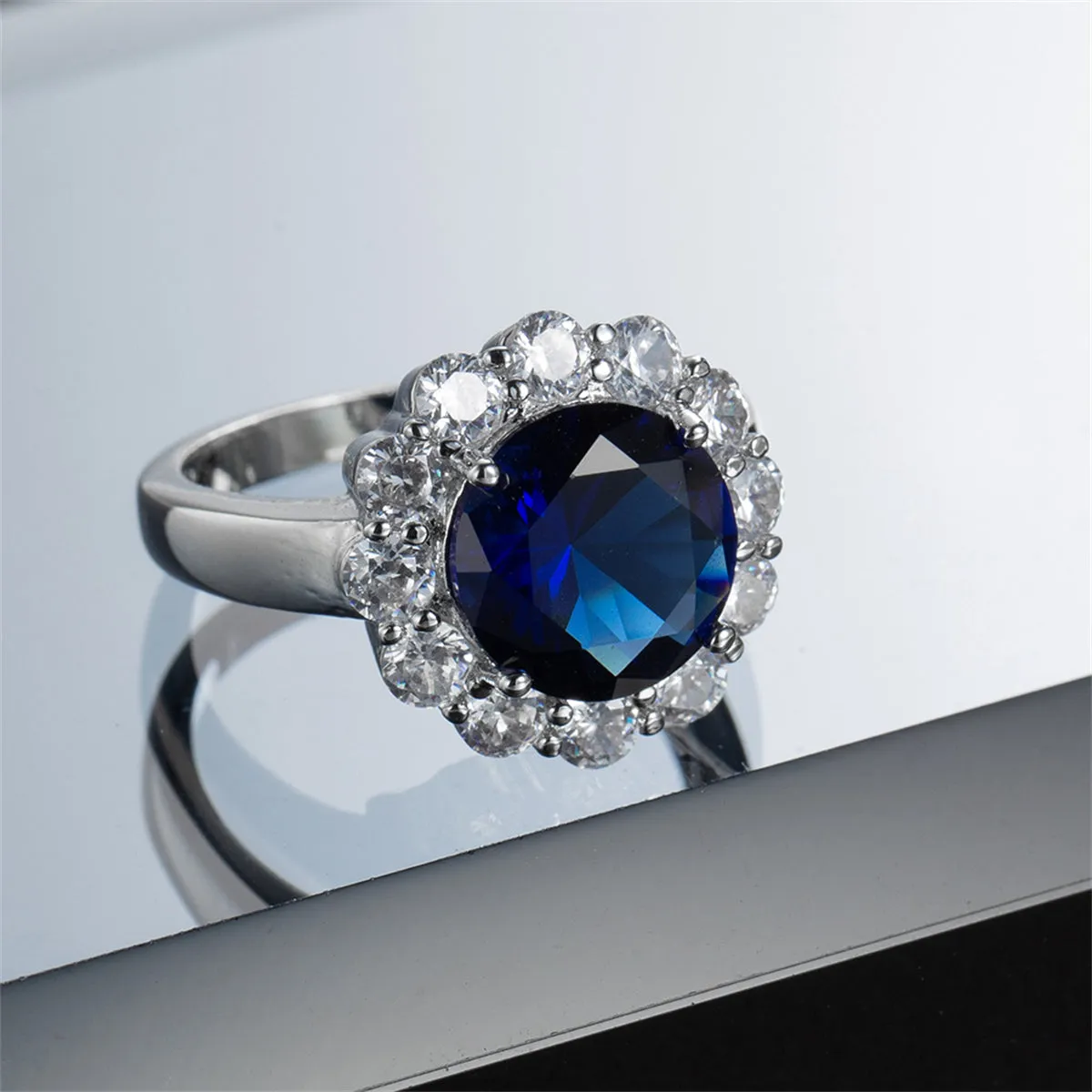 Navy Crystal & Cubic Zirconia Round-Cut Halo Ring