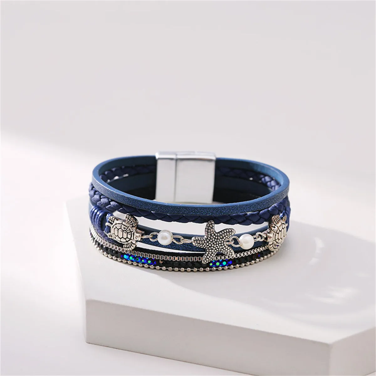 Navy Polystyrene & Pearl Turtle Starfish Layered Bracelet
