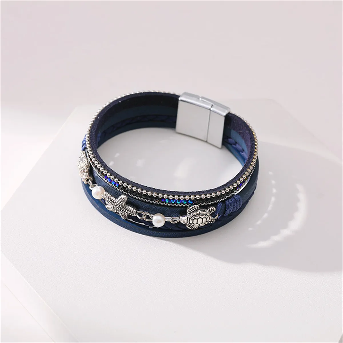 Navy Polystyrene & Pearl Turtle Starfish Layered Bracelet