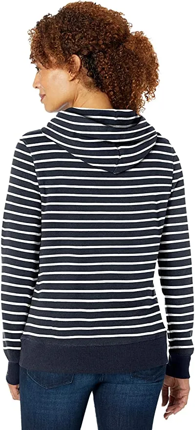 New Amazon Essentials Women's French Terry Fleece Pullover Hoodie in Navy Stripe, Sz M!