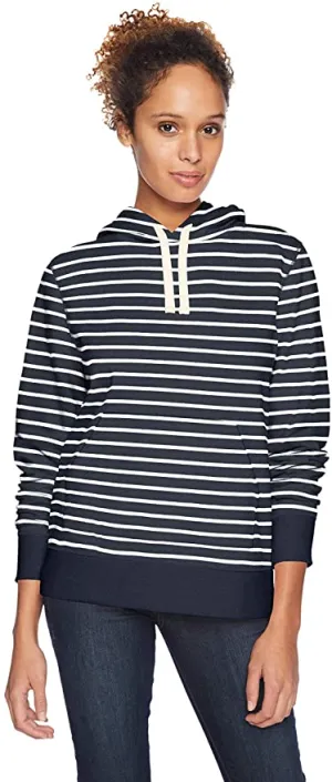 New Amazon Essentials Women's French Terry Fleece Pullover Hoodie in Navy Stripe, Sz M!