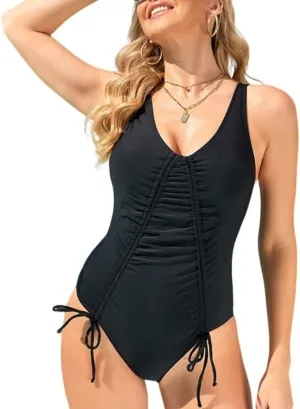 New Effnny Women's One Piece Swimsuits Tummy Control V-Neck Bathing Suits Ruched Front Wrinkled Swimwear Black, Sz L