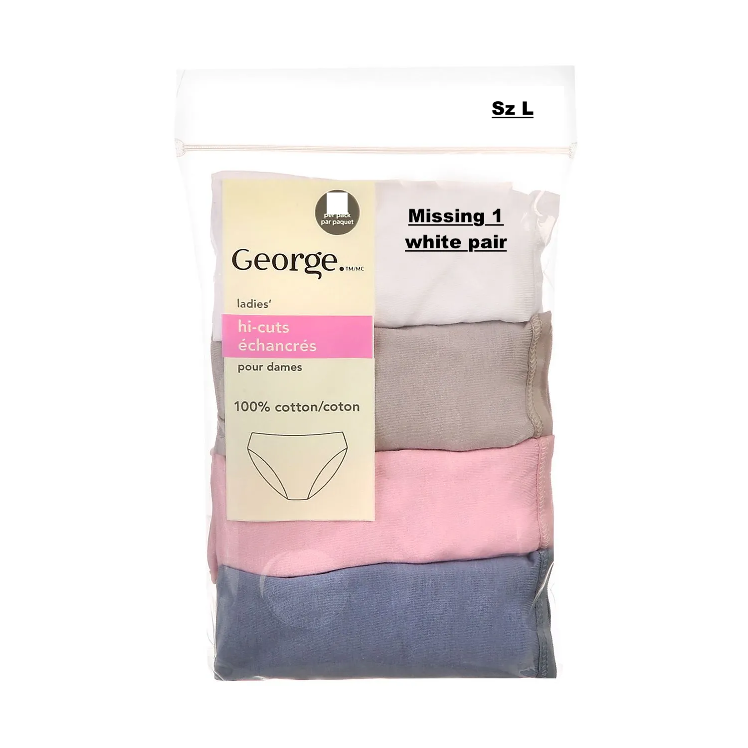 New in package! George Women's Hi-Cut Briefs, 3-Pack ( Missing 1 white pair) Sz Large!