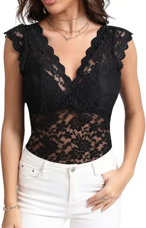 NEW LYANER Women's Floral Lace Scallop V Neck Sleeveless Sheer Sexy Tank Top Blouse, Black, Sz XL/L