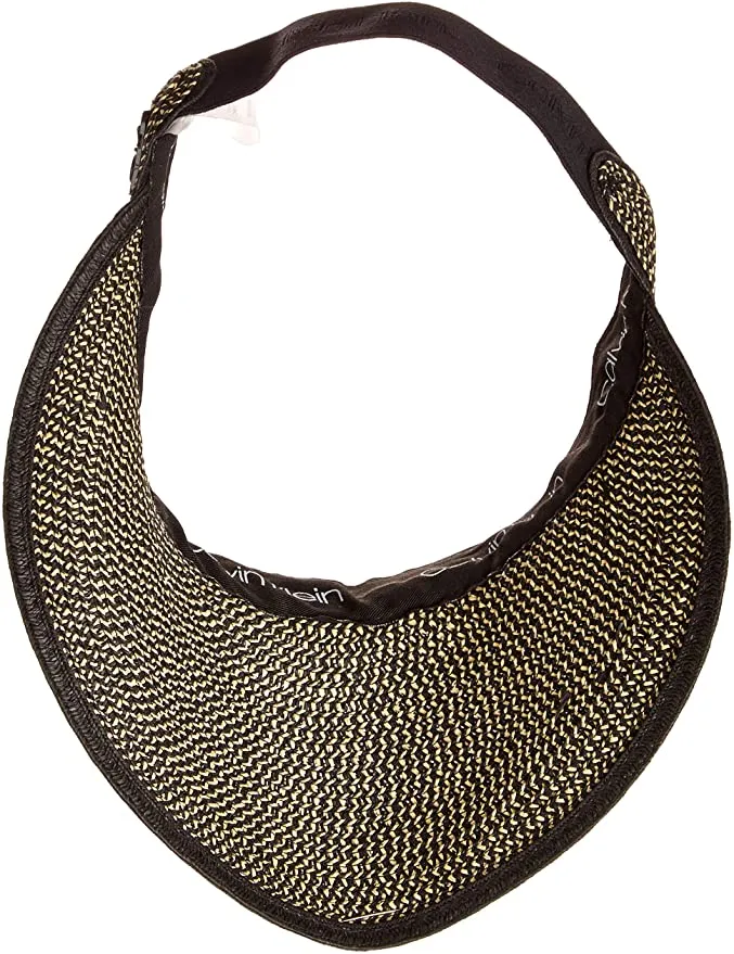 New Nordstrom Calvin Klein Women's Straw Sun Hat Visor with large metal logo on side! One Size! Black/Natural!