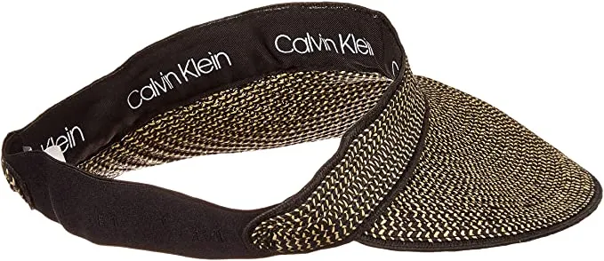 New Nordstrom Calvin Klein Women's Straw Sun Hat Visor with large metal logo on side! One Size! Black/Natural!