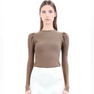 Niccolai Women's Ribbed Knit Sweater Puff Shoulder Long Sleeve Brown Large New