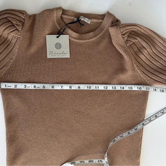 Niccolai Women's Ribbed Knit Sweater Puff Shoulder Long Sleeve Brown Large New