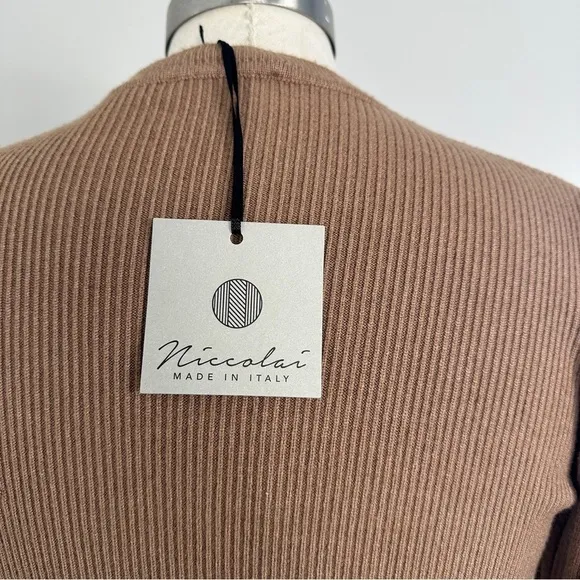 Niccolai Women's Ribbed Knit Sweater Puff Shoulder Long Sleeve Brown Large New