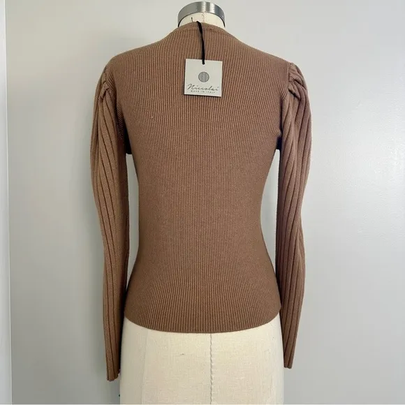 Niccolai Women's Ribbed Knit Sweater Puff Shoulder Long Sleeve Brown Large New