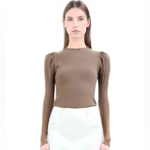 Niccolai Women's Ribbed Knit Sweater Puff Shoulder Long Sleeve Brown Large New