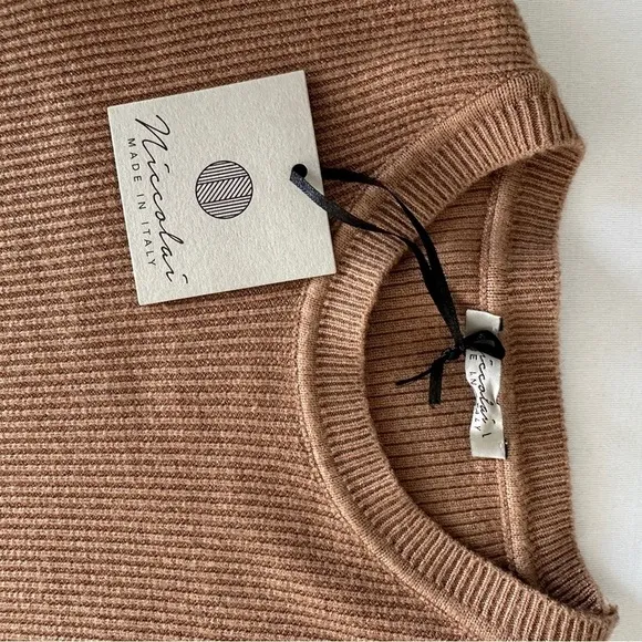 Niccolai Women's Ribbed Knit Sweater Puff Shoulder Long Sleeve Brown Large New