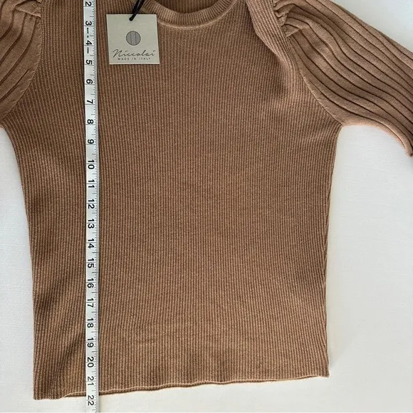 Niccolai Women's Ribbed Knit Sweater Puff Shoulder Long Sleeve Brown Large New