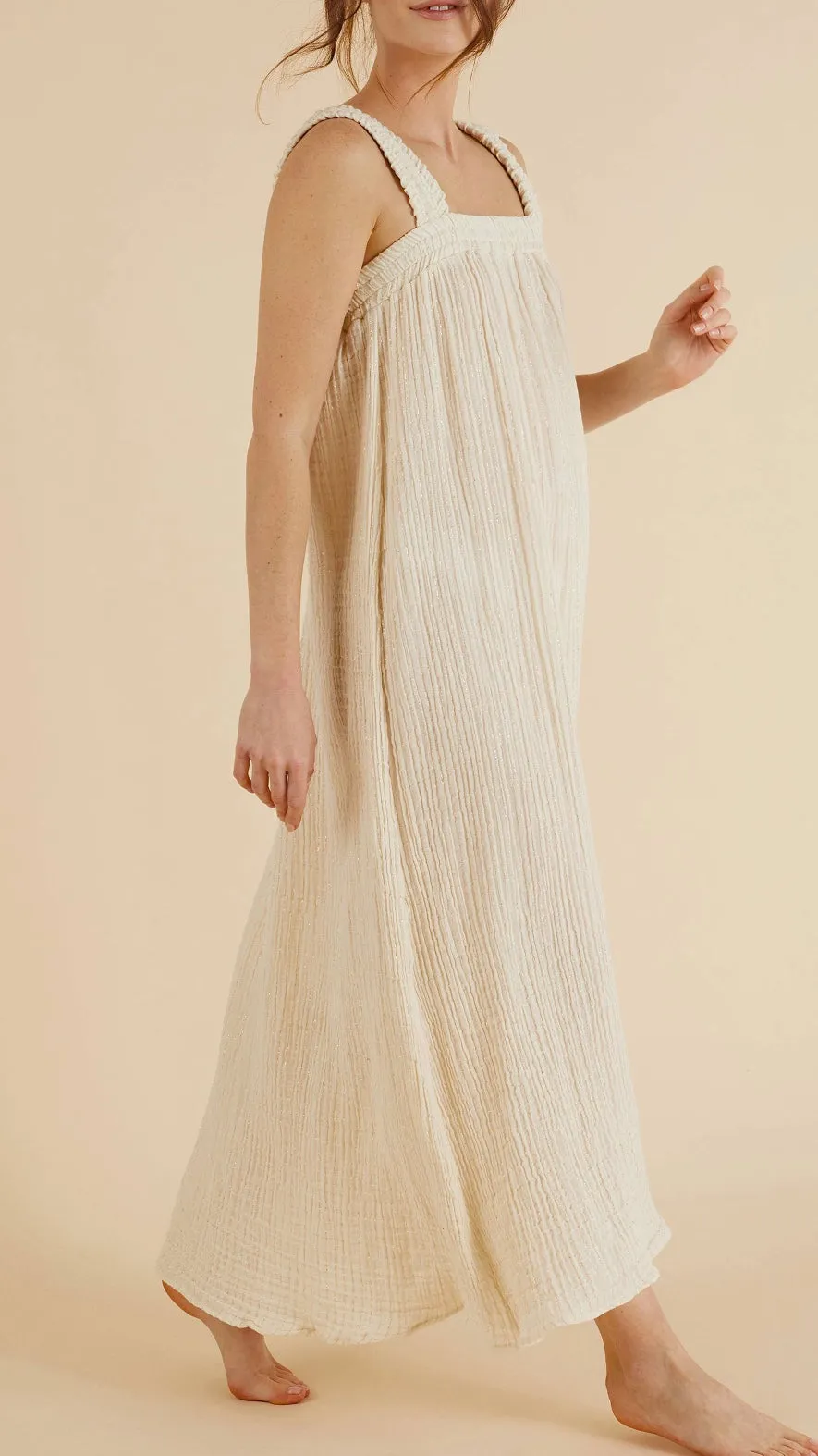 Noa Maxi Dress Natural with Gold Pinstripe