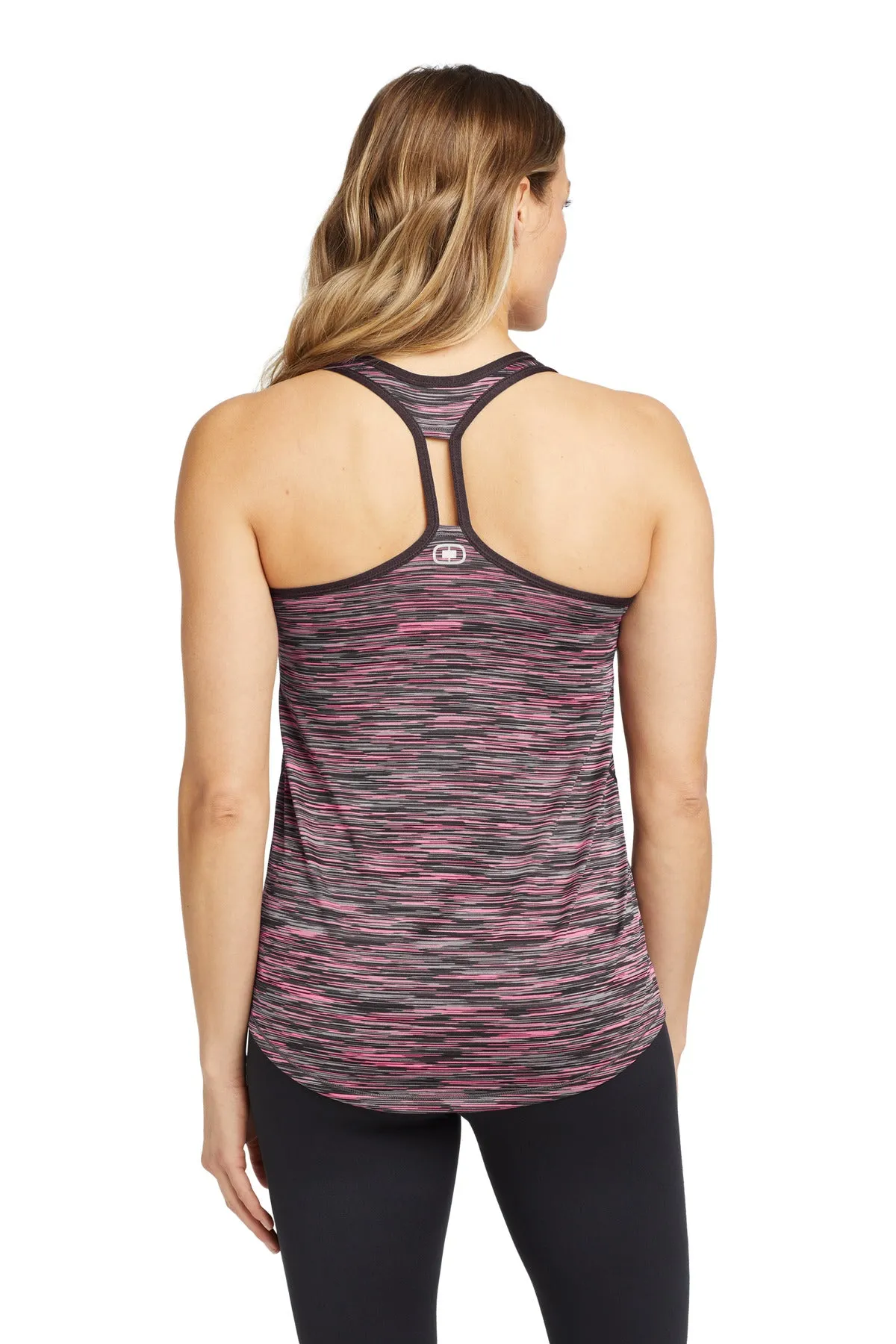 OGIO  Women's Verge Racerback Tank. LOE327 Fierce Coral Space Dye
