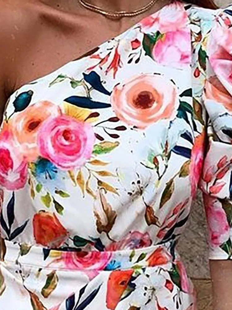 One Shoulder Floral Print Bodycon Dress