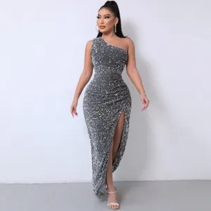 One Shoulder Gown Maxi Dress - Dark Gray