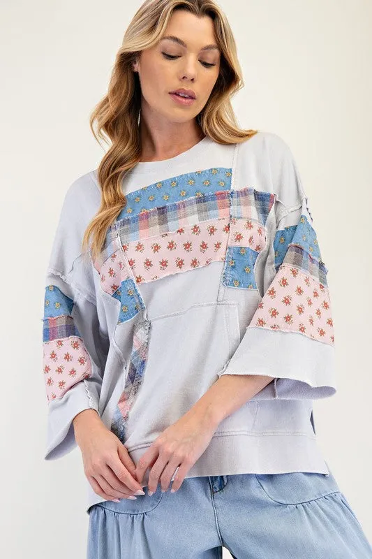 Patchwork Mineral Washed Terry Knit Pullover