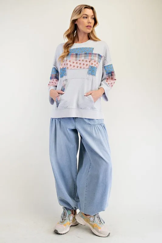 Patchwork Mineral Washed Terry Knit Pullover