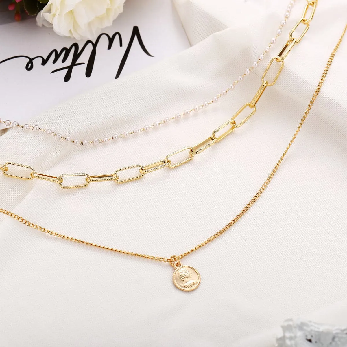 Pearl & 18K Gold-Plated Coin Pendant Layer Necklace