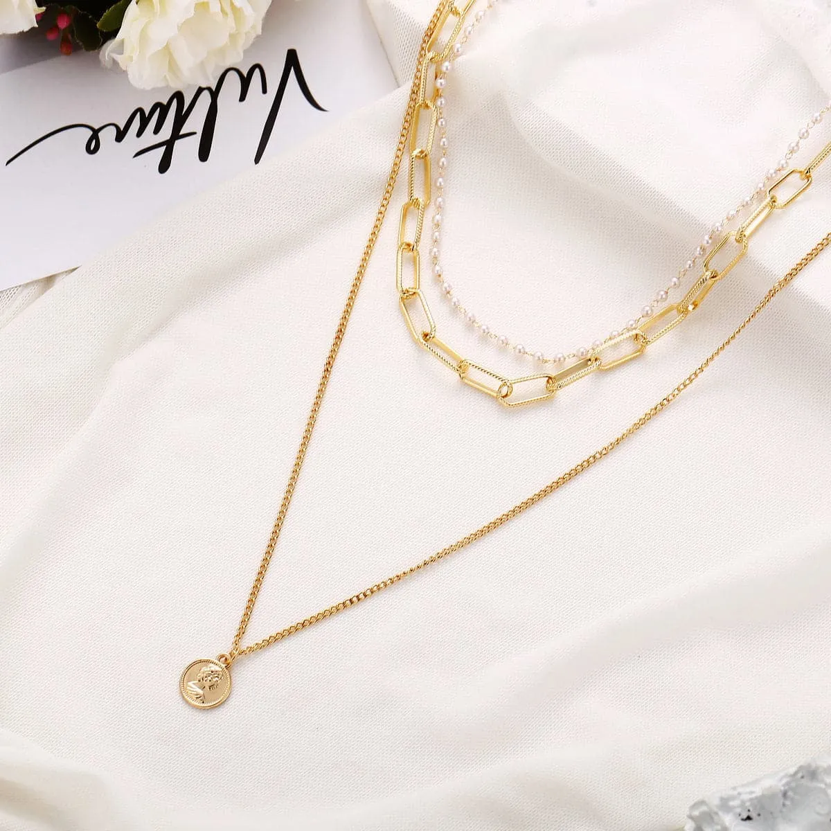 Pearl & 18K Gold-Plated Coin Pendant Layer Necklace