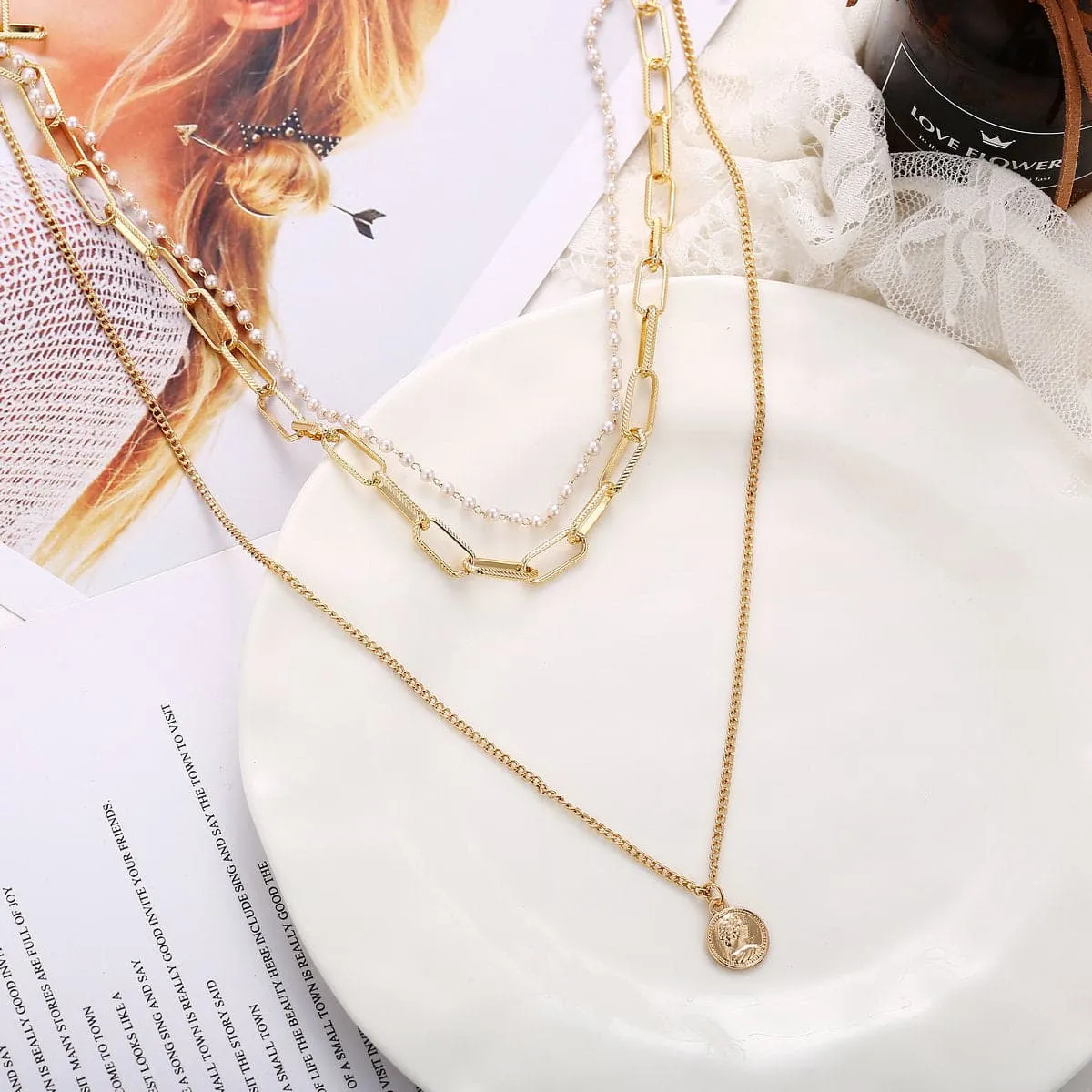 Pearl & 18K Gold-Plated Coin Pendant Layer Necklace