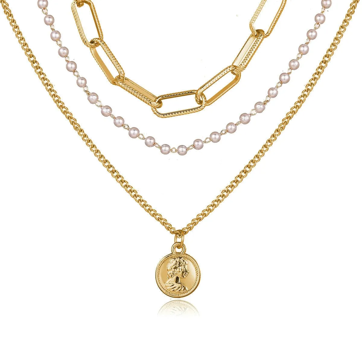 Pearl & 18K Gold-Plated Coin Pendant Layer Necklace
