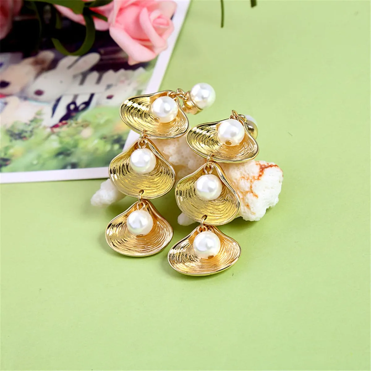 Pearl & 18K Gold-Plated Linking Seashell Drop Earrings